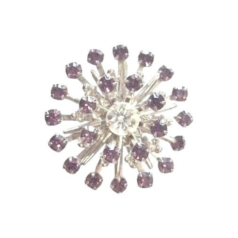 Vintage Silver Tone Purple Rhinestone Starburst Brooch Atomic Mid Century Pin